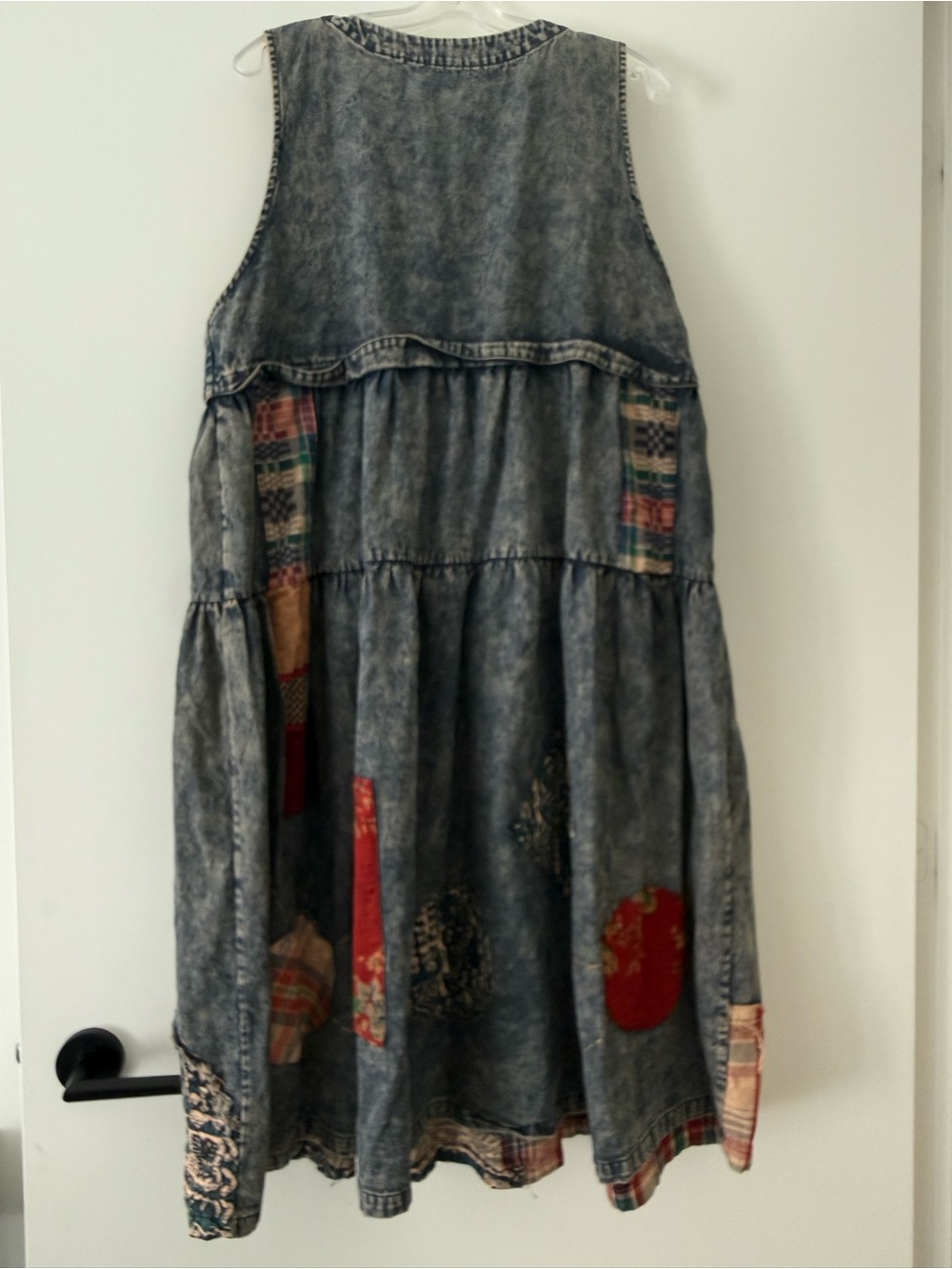 Boho Patchwork Denim Dress Tiered Folk Art Embroidered Sleeveless V Neck Cottage - Picture 2 of 9
